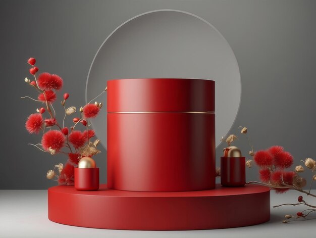 Chinees nieuwjaar Rode podium display mockup op rode abstracte achtergrond