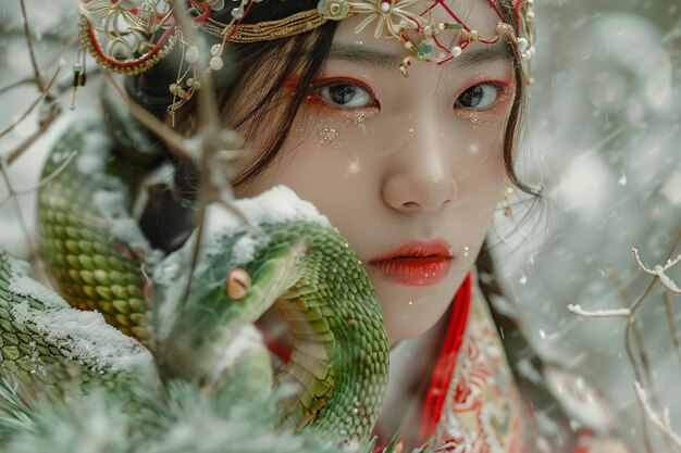 Chinees Nieuwjaar van de slang Aziatische jonge vrouw in traditionele kleding op sneeuw achtergrond