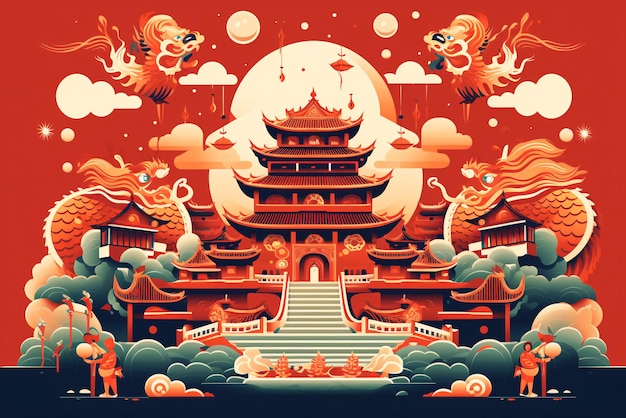 Chinees Nieuwjaarsbanner of groetenkaartontwerp met pagode lantaarn en draak op rode achtergrond