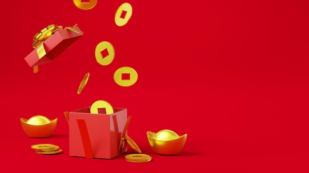 Chinees nieuwjaarsdagfestivalconcept Gouden rijkdommunten vallen af naar geopende rode geschenkdoos met ingot