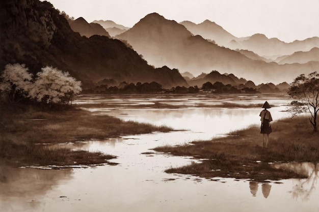 Chinees traditioneel schilderij van een natuurlijk landschap