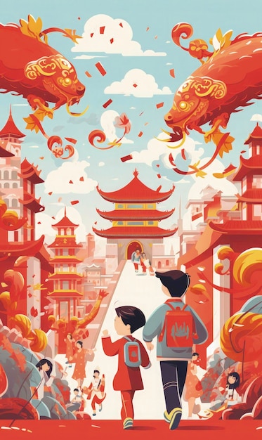 chines cny dragon and mini people poster