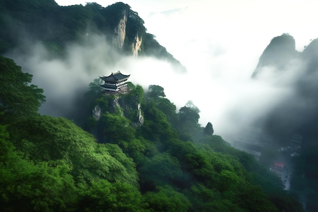 崖の上の中国の古代建築風景