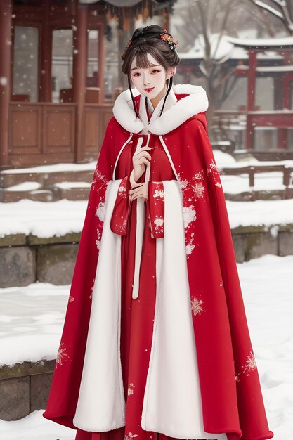 Chinese ancient style building courtyard winter snow beautiful girl wearing Hanfu coat wallpaper