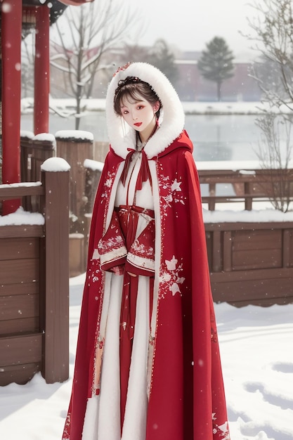 中国の古代様式の建物の中庭の冬の雪の漢服コートの壁紙を着ている美しい女の子