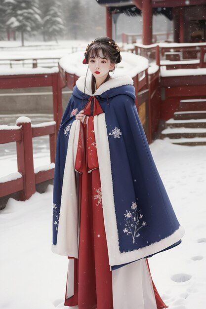 사진 hanfu 코트 벽지를 입고 중국 고대 스타일 건물 안뜰 겨울 눈 아름다운 소녀