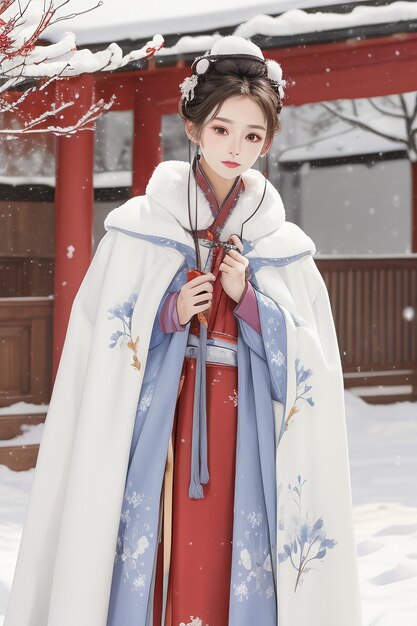 Hanfu 코트 벽지를 입고 중국 고대 스타일 건물 안뜰 겨울 눈 아름다운 소녀