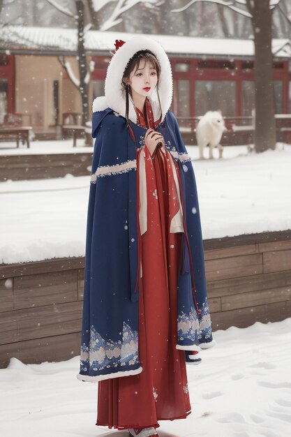 Китайский древний стиль, здание во дворе, зимний снег, красивая девушка в пальто ханьфу, обои