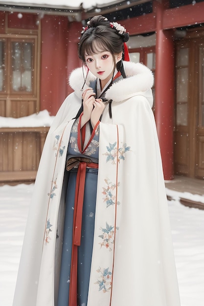 사진 hanfu 코트 벽지를 입고 중국 고대 스타일 건물 안뜰 겨울 눈 아름다운 소녀