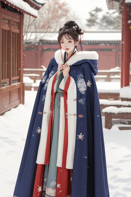 Chinese ancient style building courtyard winter snow beautiful girl wearing Hanfu coat wallpaper