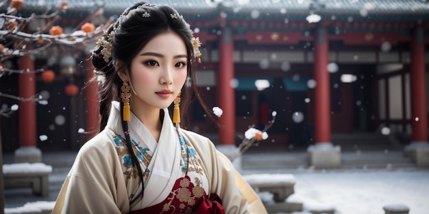 Chinese ancient style building courtyard winter snow beautiful girl wearing Hanfu coat wallpaper