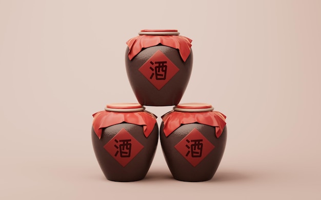 Chinese ancient wine with retro style 3d rendering Translation on the jar wine