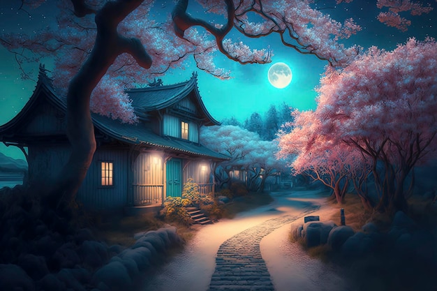 Chinese ancienta path an old house beside the path maple trees and milky pink white and bule leaves at night moon in the sky AIGenerated