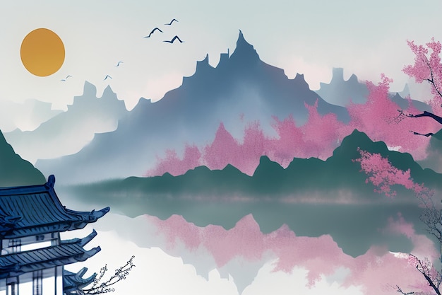 Foto chinese aquarel inkt landschap lake house pruimenbloesem vogel boom paviljoen zon prachtig landschap
