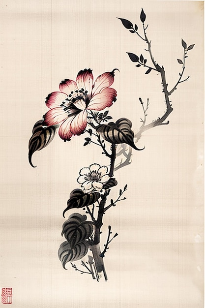 Foto chinese aquarel inkt stijl oude bloem schilderij een tak bloem collectie kunsttentoonstelling