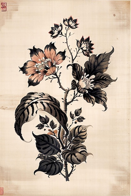 Foto chinese aquarel inkt stijl oude bloemen schilderij een tak bloemen collectie kunsttentoonstelling