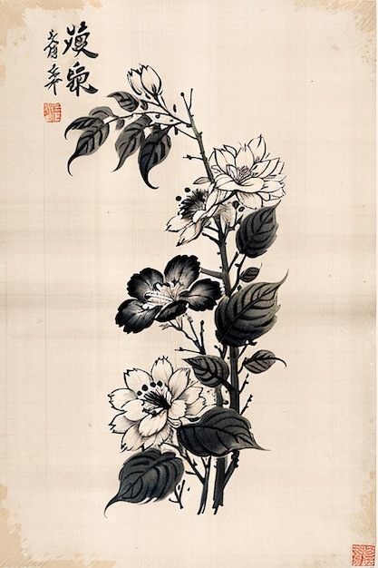 Chinese aquarel inkt stijl oude bloemen schilderij een tak bloemen collectie kunsttentoonstelling