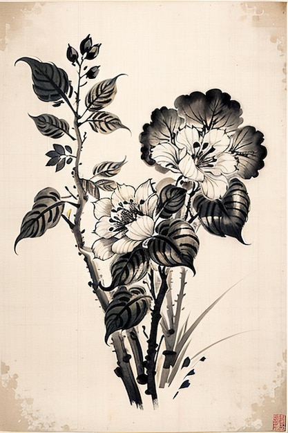 Foto chinese aquarel inkt stijl oude bloemen schilderij een tak bloemen collectie kunsttentoonstelling