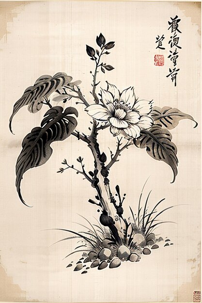 Chinese aquarel inkt stijl oude bloemen schilderij een tak bloemen collectie kunsttentoonstelling