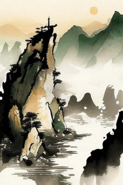 Chinese aquarel landschapsschilderkunst