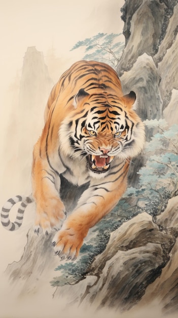 Chinese aquarelinktschilderij Tijger die van de berg afdaalt