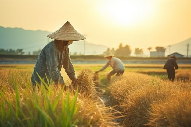 Chinese arbeiders met hoeden oogsten gewassen in het veld bij warm weer op een zonnige zomerdag