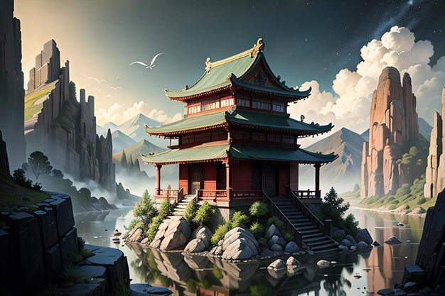 Chinese architectural style pavilion built on top of a mountain wallpaper background illustration