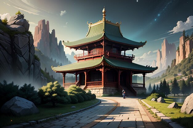 Chinese architectural style pavilion built on top of a mountain wallpaper background illustration