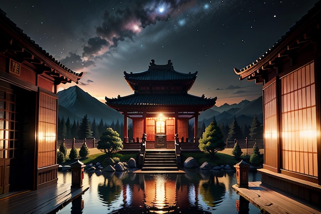 Chinese architectural style pavilion built on top of a mountain wallpaper background illustration