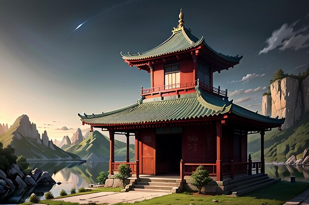 Chinese architectural style pavilion built on top of a mountain wallpaper background illustration