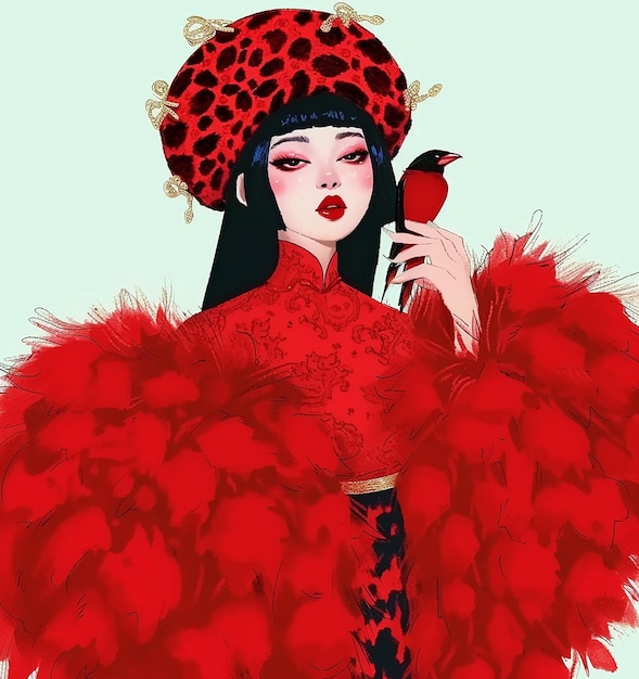 Китайская азиатская женщина в красном меху причудливая анимация кукла барокко экстравагантность