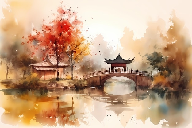 Chinese autumn garden with a house with a bridge near the lake watercolor drawing