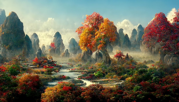 Chinese autumn landscape with autumn trees and majestic mountains Season background Digital art