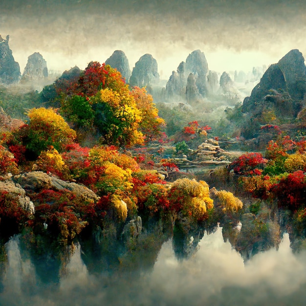 Chinese autumn landscape with trees and majestic mountains Season background 3D illustration