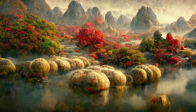 Chinese autumn landscape with trees and majestic mountains Season background 3D illustration