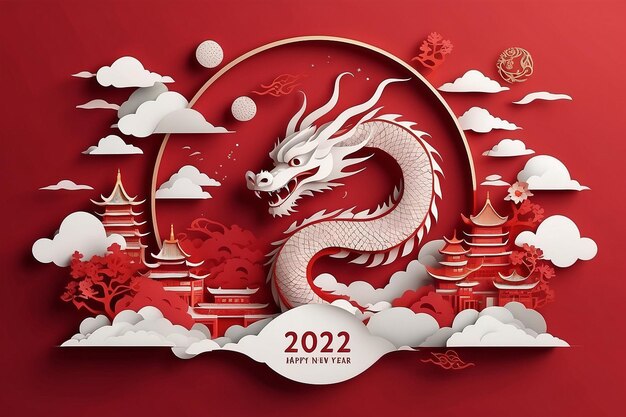 Chinese banner Gelukkig Nieuwjaar 2024 poster Traditioneel draak silhouet icoon 3d papier