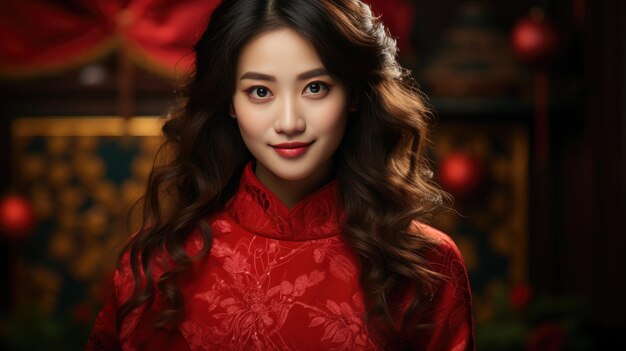 Chinese beautiful smiling girl with Chinese traditional clothing celebrating Chinese new year