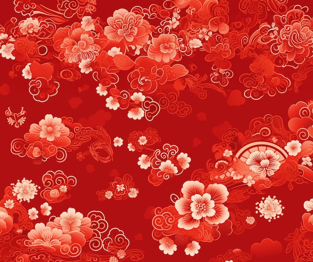 Foto chinese bloemen rode kleur toon met traditionele lijn tekenen op rode achtergrond generativeai stof patroon