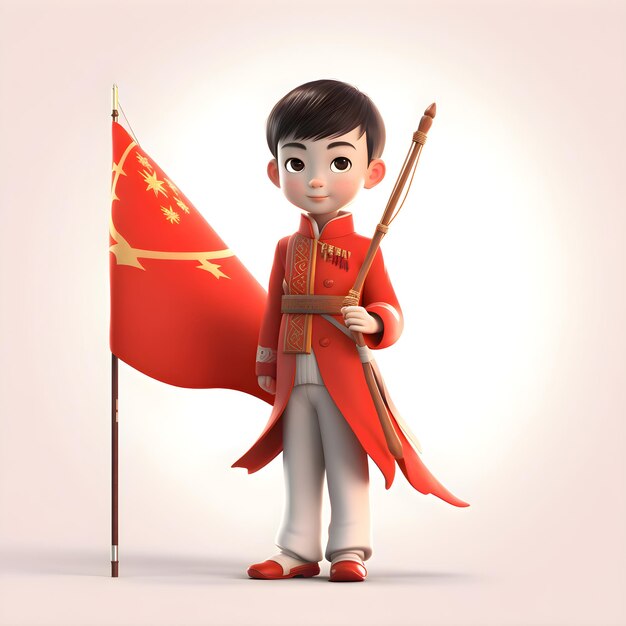 Фото Китайский мальчик с флагом китая 3d иллюстрация мультипликационный персонаж