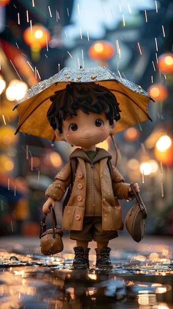 Photo the chinese boy stand with umbrella in the street under rain