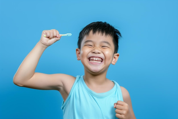 Chinese boy with toothbrush in his hand on light blue background