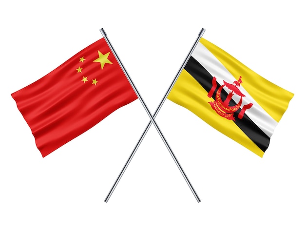 A chinese and brunei flag hanging from a pole