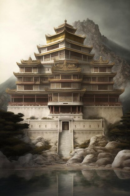 A chinese building in the mountains