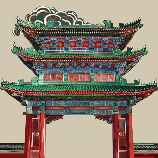 Photo a chinese building with a red and green design on the front