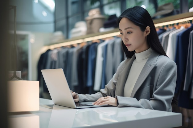 A Chinese business woman sits at a table in a clothing store looking at a laptop Generative AI