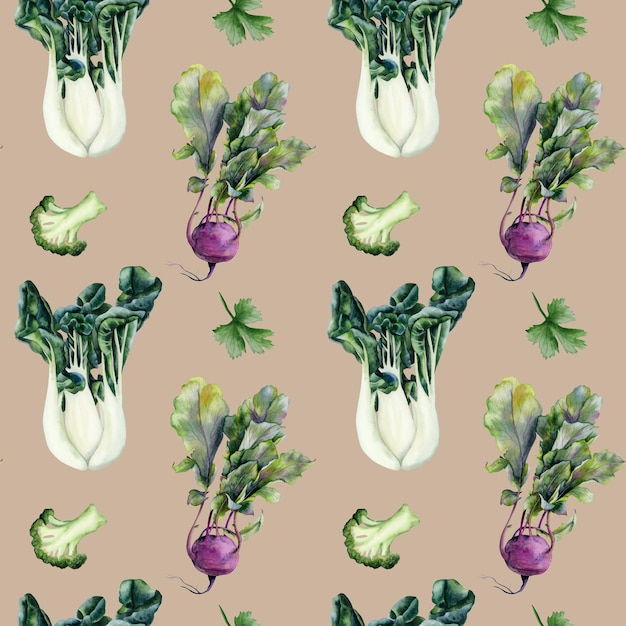 Chinese cabbage kohlrabi broccoli parsley leafy vegetables pattern Vegetarian background for kitchen