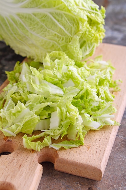 Chinese cabbage sliced on a wooden board