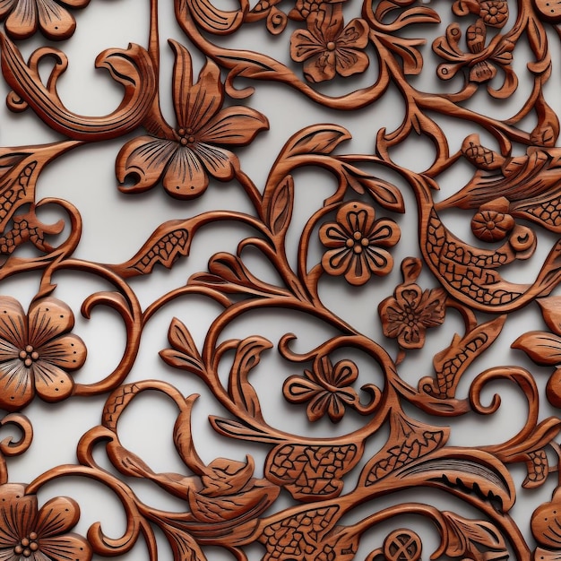 Chinese carved wood block wallpaper with intricate floral patterns tiled