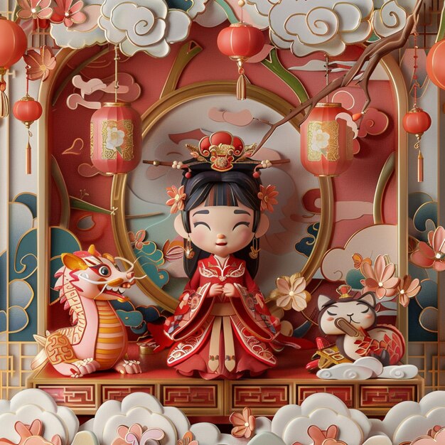 a chinese character with a dragon on her head sits in front of a chinese background