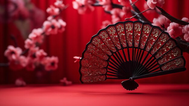 Chinese cherry blossoms with a red background for a 3d rendering of a product presentation generative ai